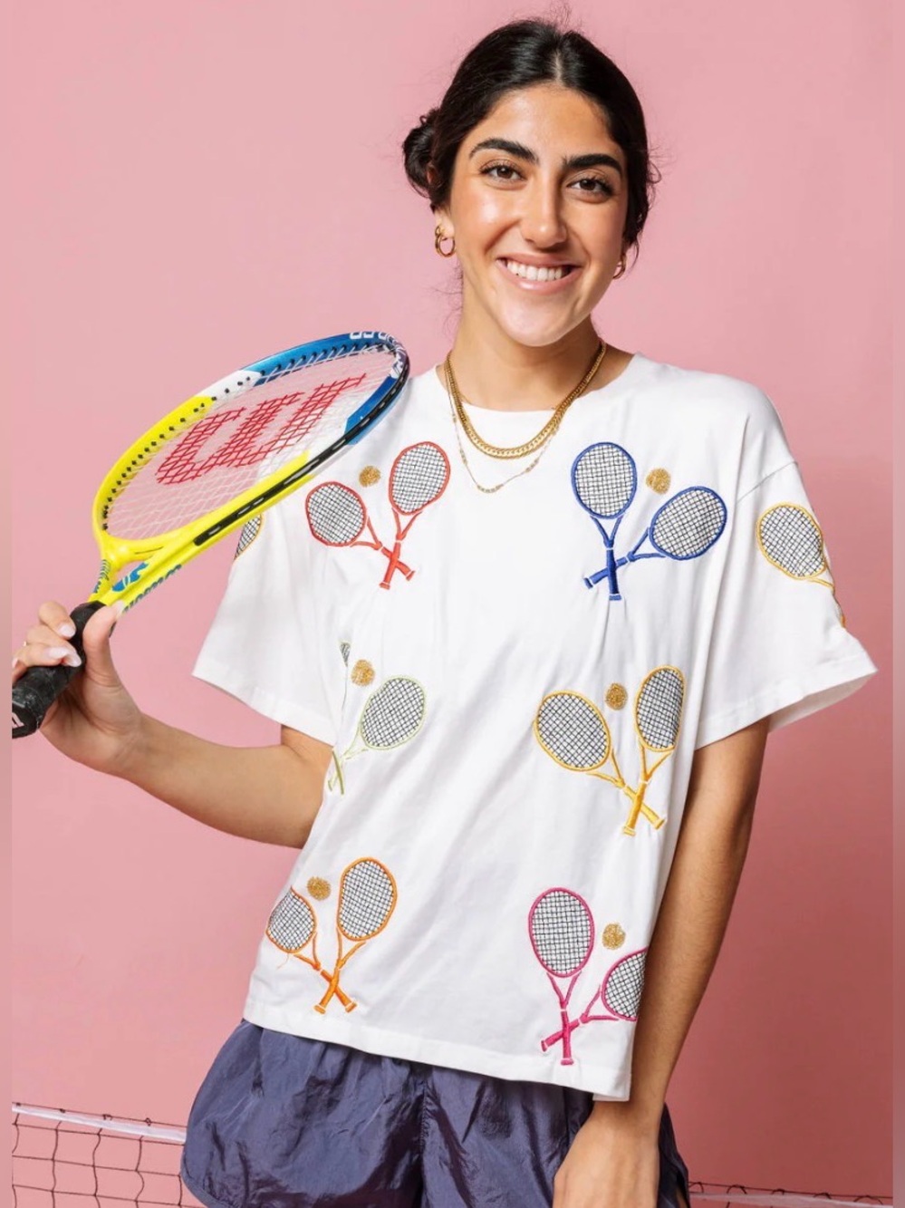 Queen of Sparkles White Sequin Crossed Tennis Racquet Graphic Tee XS preppy